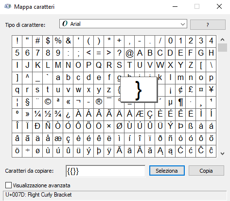 parentesi graffa mappa caratteri windows